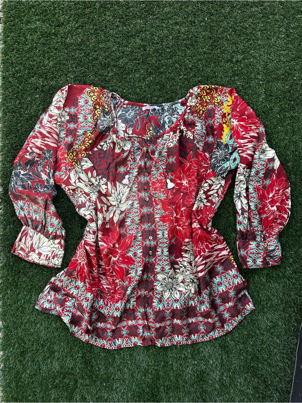 Johnny Was Red Floral Boho Peasant Blouse